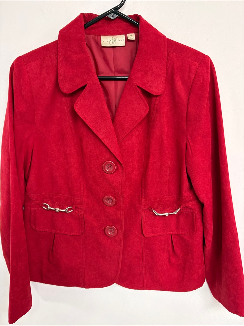 Studio Works Red Faux Suede Blazer Jacket Size 8 Silver Horsebit Detail